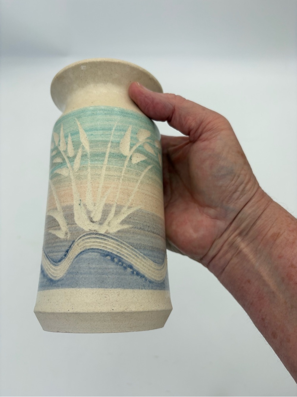 Handcrafted Vintage Signed Duffy Ceramic Vase in Pastel Blue Pink and Cream